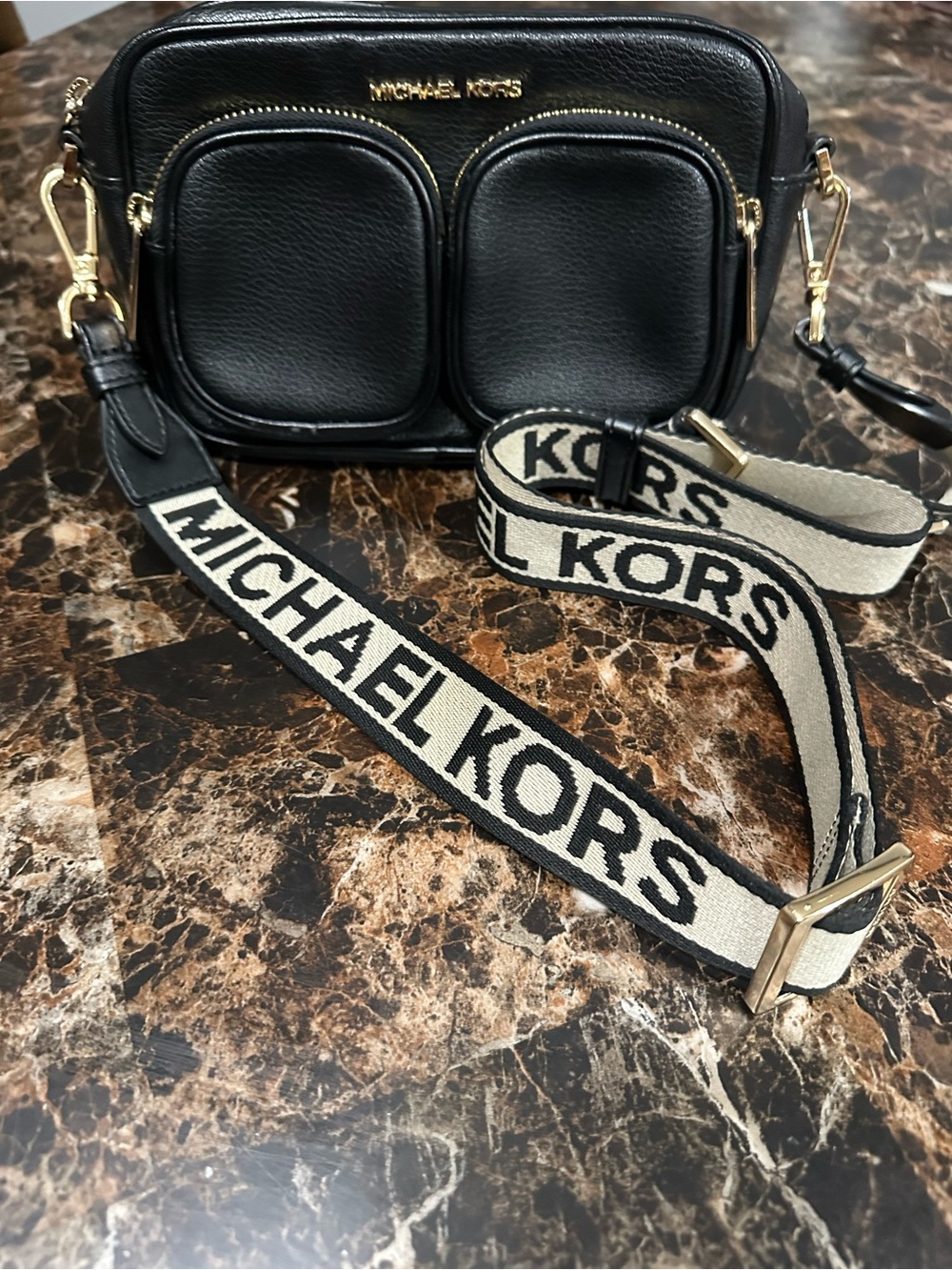 Michael Kors Black Leather Crossbody with Branded Canvas Strap